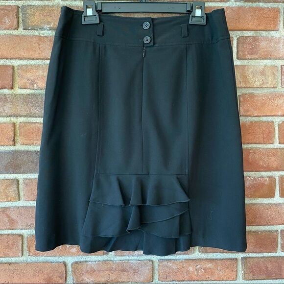 DressBarn Black Lined Pencil Skirt with Ruffle Hem, Belt Loops, & Button Details - Picture 3 of 10